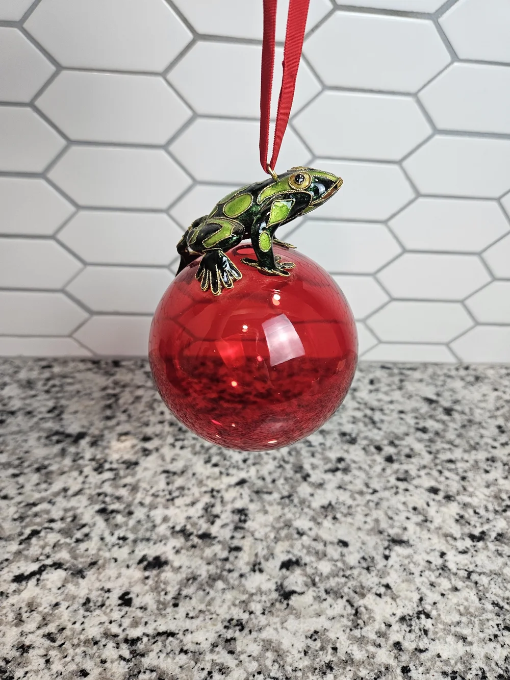 Cloisonne Green Frog Ornament on Red Glass Holiday Ball
